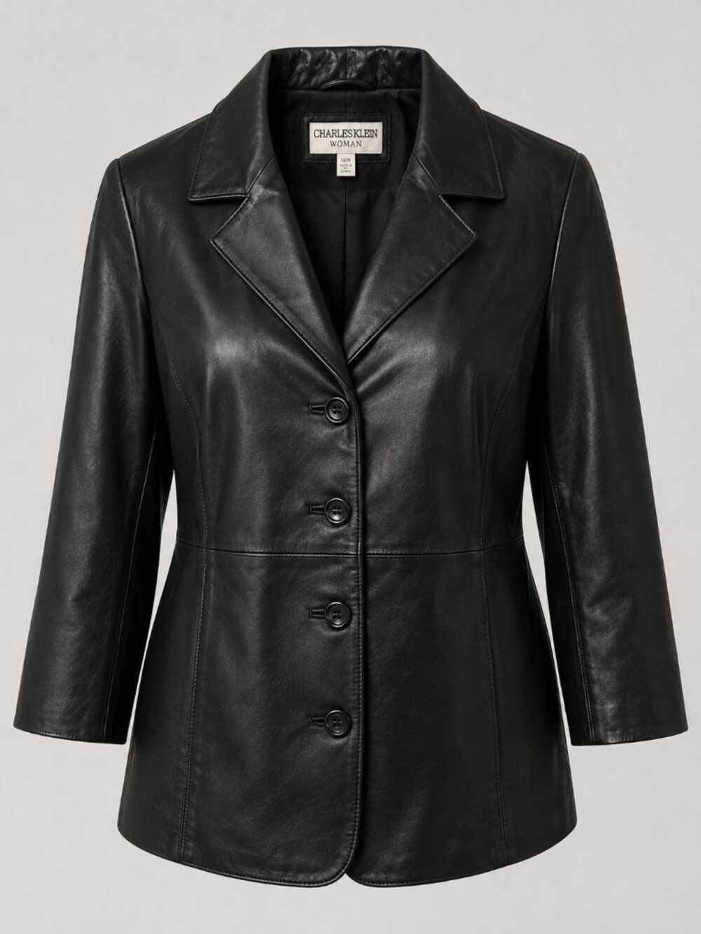 Charles Klein Woman Black Genuine Leather Blazer Jacket Plus Size 2X Button